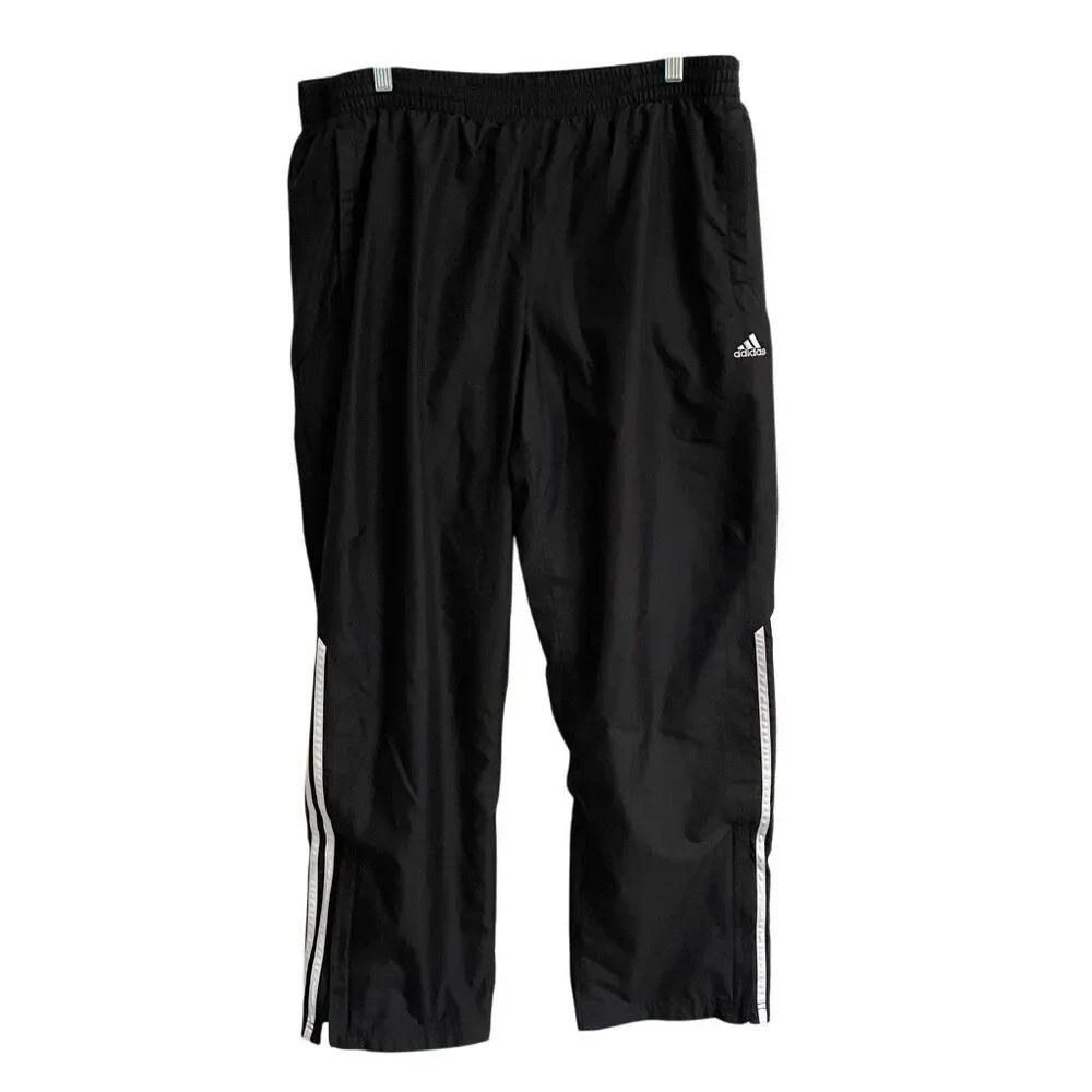 Adidas track pants men’s L black with white stripes lined drawstring side zips‎